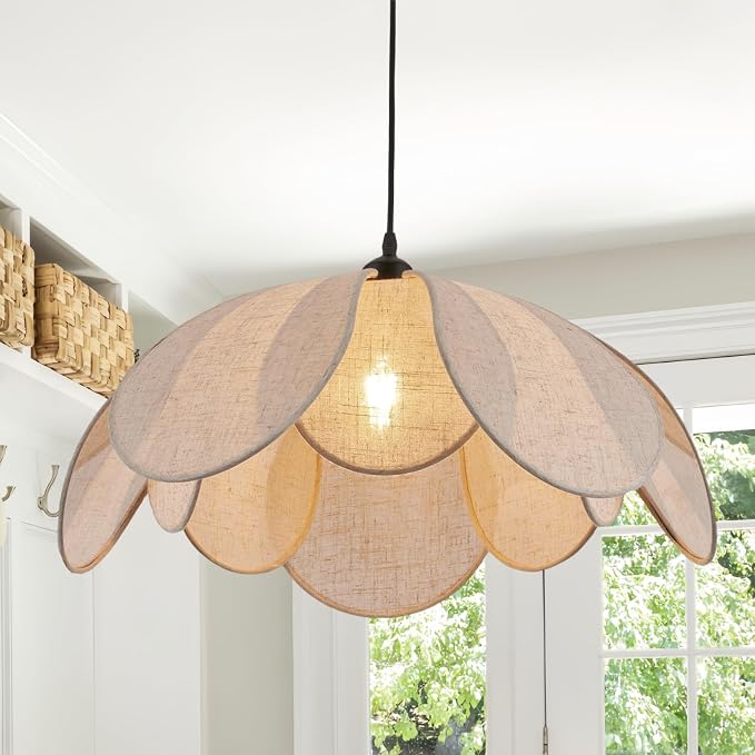 Large Linen Chandelier Fixture, 22in Rattan Chandelier Fixture, Woven Boho Coastal Pendant Lights, Wicker Hanging Ceiling Lights for Dining Room, Kitchen Island, Living Room, Bedroom