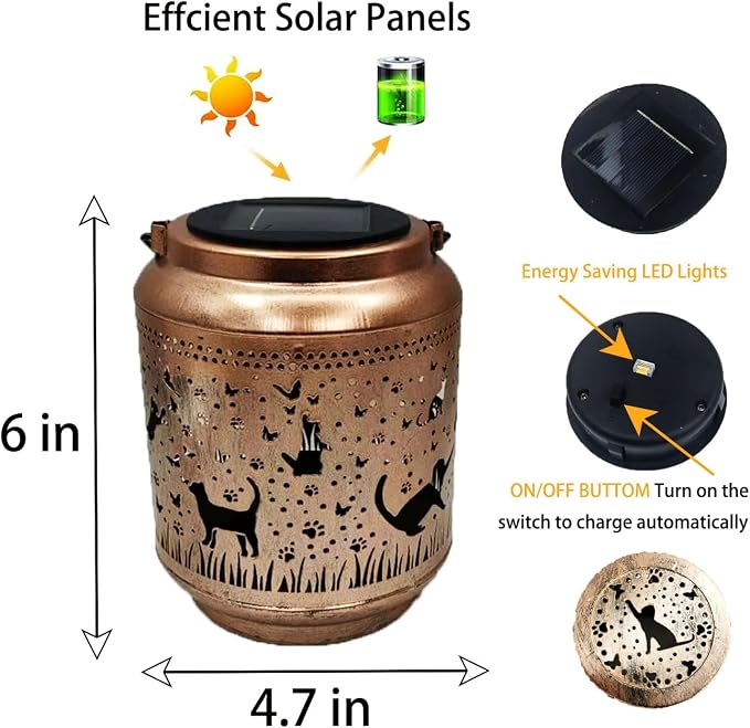 Cat Solar Outdoor Waterproof Lantern Garden Decor Birthday Gifts for Women Mon Grandma Metal Hanging Solar Lights Outside LED Lanterns for Yard Patio Lawn Pathway Landscape (Cat)