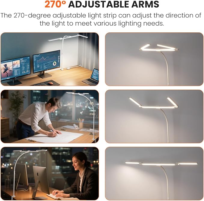 LED Desk Lamp for Office Home, 3 Light Bar Adjustable Desk Light with Clamp | Architect Table Lamp Computer Monitor Lighting, Stepless Dimming Eye-Caring Clip on Light for Workbench Reading Study White