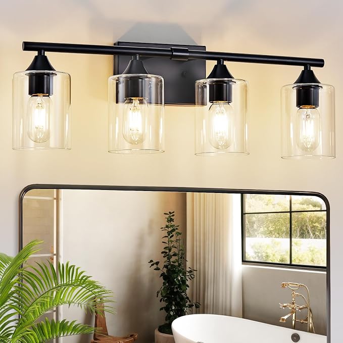 4-Light Bathroom Light Fixtures,Black Bathroom Vanity Light,Bathroom Lights Over Mirror with Clear Glass Shade,Modern Sconce Wall Lighting for Mirror Bedroom Vanity Hallway