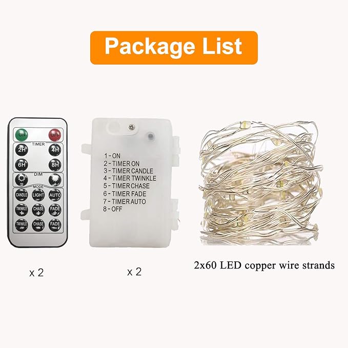 WSgift 2 Pack 20 Feet 60 Warm White Led Battery Operated Fairy Lights with Remote Control Timer Waterproof Silver Copper Wire Twinkle String Lights for Party Bedroom Wedding Christmas Decorations