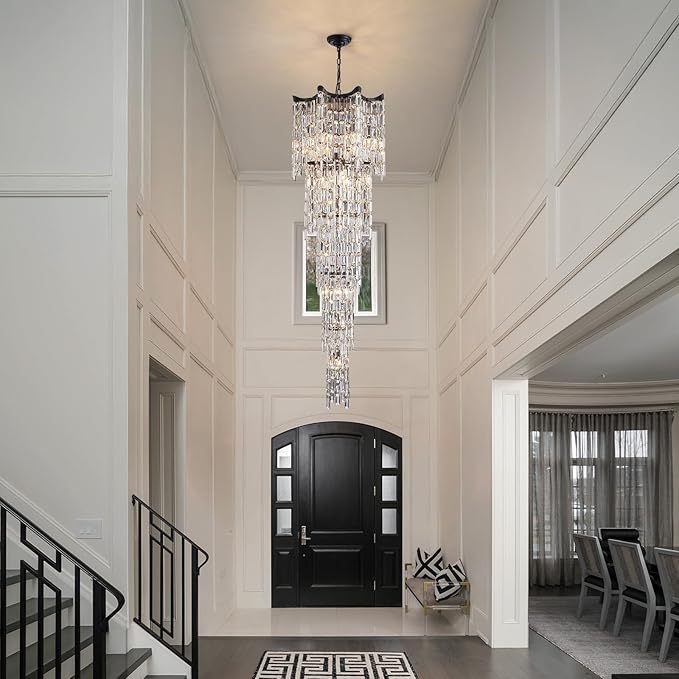 79" Long Crystal Chandelier for High Ceilings, 21-Light Modern Large Foyer Chandelier for Staircase Entryway Living Room, Luxury K9 Crystal Tiered Ceiling Light Fixture Black