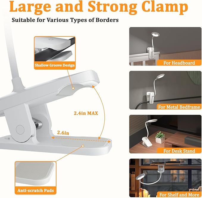 Clip on LED Reading Light, 25 Models USB Rechargeable Bed Lamp with Strong Clamp for Headboard, Eye Protection Portable Cordless Battery Lights for Bedframe Desk Table Home Office (White)
