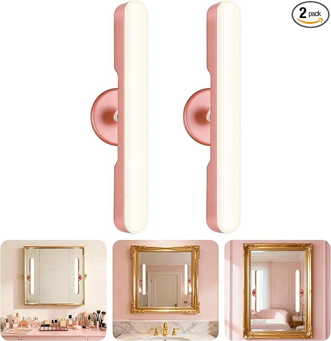 Set of 2 Wireless Vanity Makeup Lights for Mirror, Rechargeable LED Stick On Light Bar for Bathroom Mirror with Dimmable 3 CCT, Long Battery Life Cordless Light Valentine’s Day gift for Women(Pink)