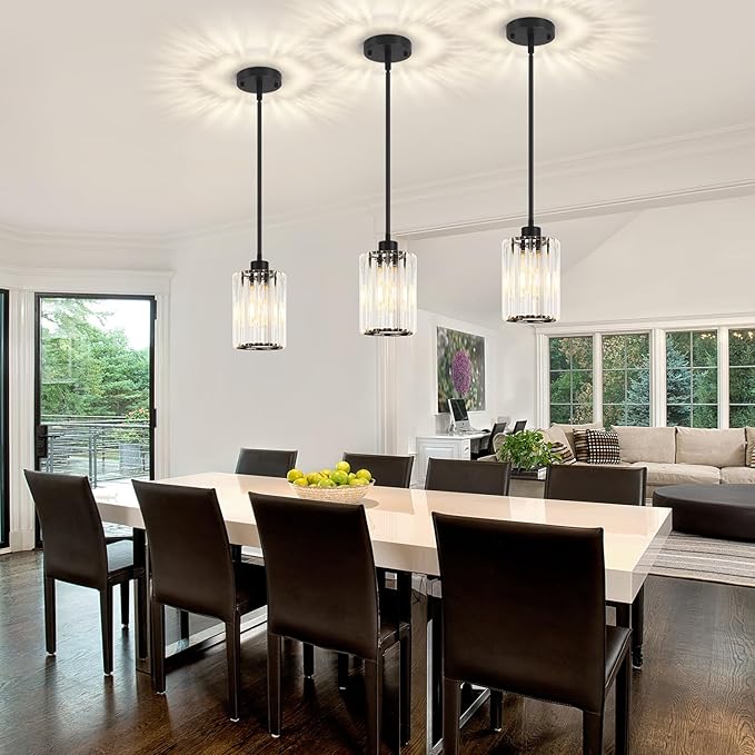 2 Pack Black Pendant Lights Kitchen Island, Modern Crystal Kitchen Pendant Lighting Over Island Dining Room Light Fixtures Adjustable Hanging Pendant Light for Bathroom Hallway Entryway Foyer Bedroom