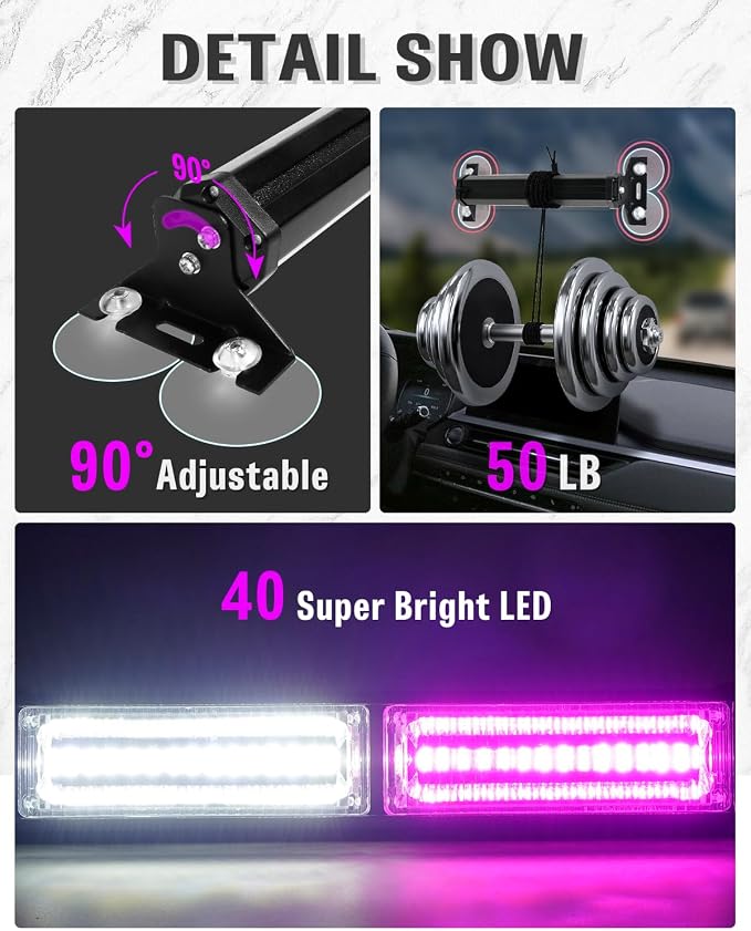 HLauto 1002L Emergency Strobe Traffic Advisor Light Bar: 40 LED Dash Safety Warning Flashing Light, Front/Rear Windshield for Construction Vehicle, Tow/Plow Truck (2x10.7inch, Purple White)