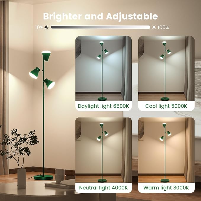 36W LED Tree Floor Lamp, Dimmable Tall Standing Lamp with Remote & Touch Control, 4 Color Temperatures Bright Floor Lamp, 3 Rotatable Light Modern Floor Lamps