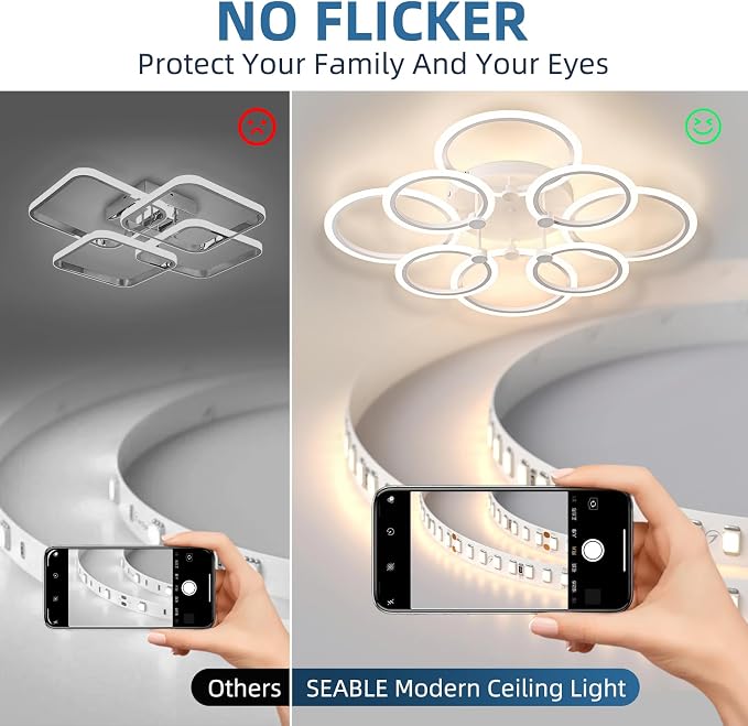 LED Ceiling Light, 8-Ring Modern Flush Mount Fixture, 145W Dimmable 3000K–6500K, White Ceiling Light with Remote for Living Room Bedroom Kitchen (35.4")