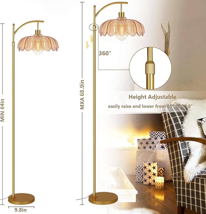 ILLMTW Gold Floor Lamp for Living Room,Bedroom,Mid Century Modern Standing Lamp with Remote,Dimmable Brass Tall Lamp Amber Glass Vintage Retro Arc Floor Lamps Flower Floor Light Boho Bohemian