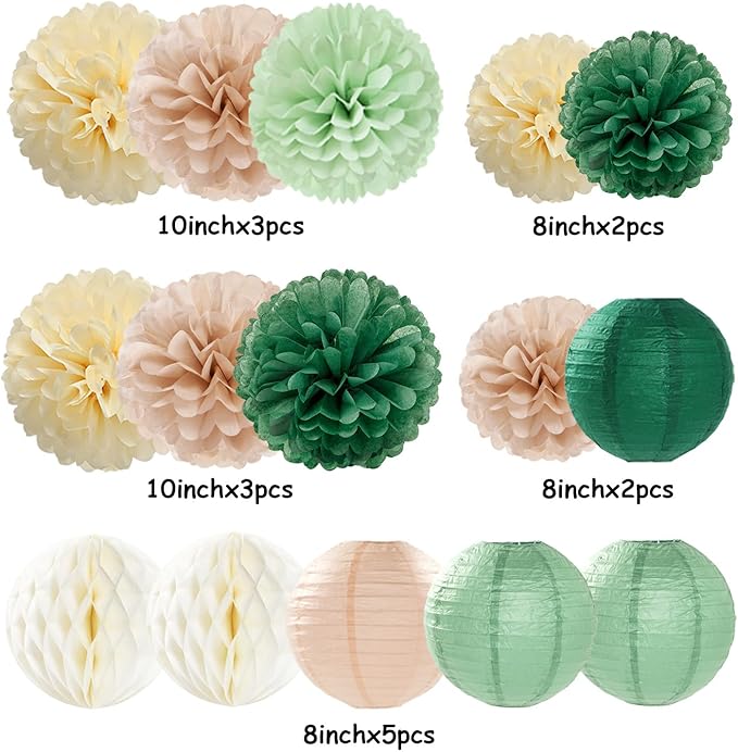 Sage-Olive Green Party-Decorations Paper-Flowers Lanterns - 15PCS Safari Boho Birthday Rustic Tissue Pom Poms Streamers, Baby Shower Neutral Garden Wedding Graduation Hanging Supplies Decor Hugfond