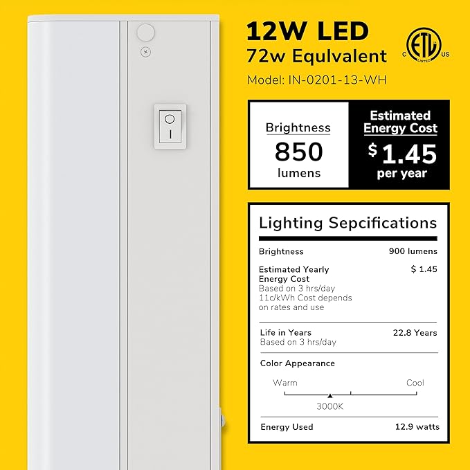 GETINLIGHT Inlight 24-inch Hardwired Only LED Under Cabinet Lighting, Soft White(3000K), Dimmable, Matte White Finished, ETL Listed, IN-0201-13-WH