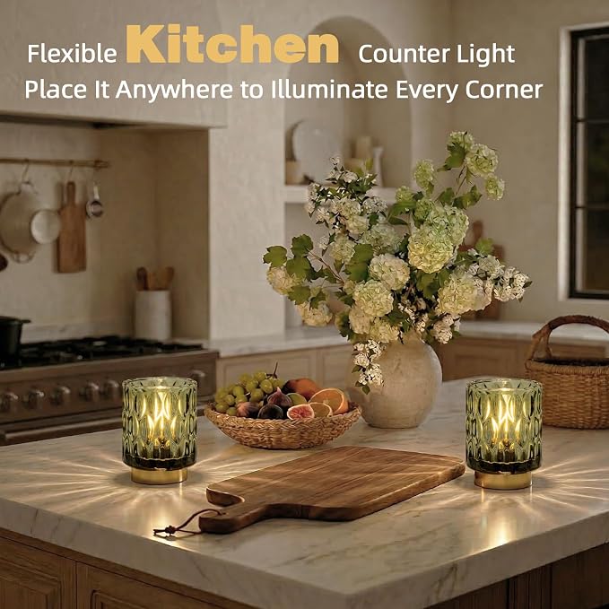Battery Operated Table Lamp Timer, Small Cordless Lamps Decorative, 2 Green | Mini Crystal Lamp for Area No Plug, LED Battery Powered Lamps Wireless, Glass Accent Light for Bathroom Fireplace Shelf Decor