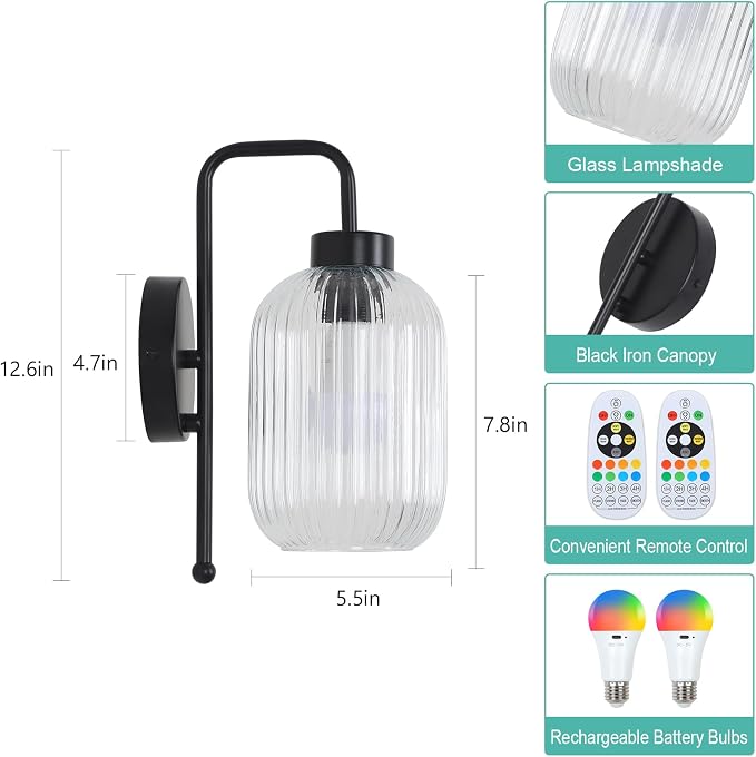 LAMSU Black Battery Operated Wall Sconces Set of 2, Wireless Wall Lights with Remote and Color Temperature Bulb, Rechargeable Cordless Wall Lamps with Clear Glass Shade for Bedroom Living Room