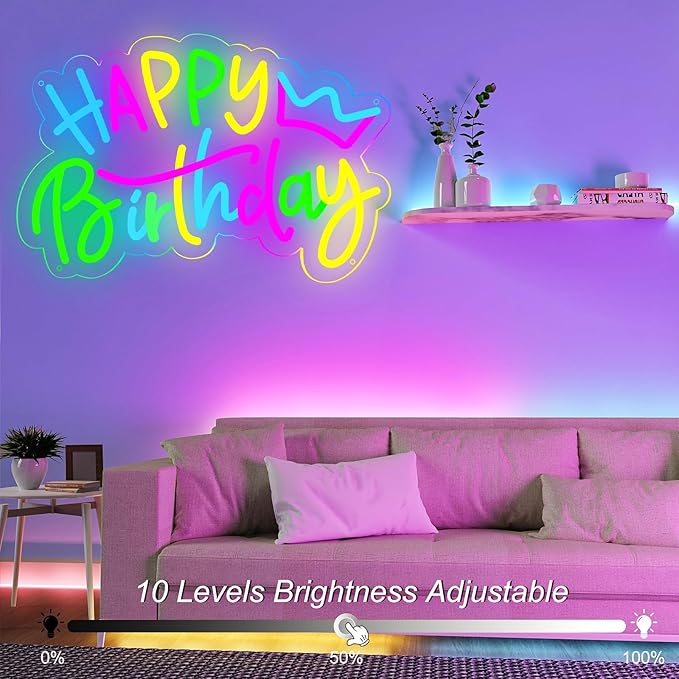 Happy Birthday Neon Sign – Colorful LED Light-Up Sign for Birthday Party Backdrops, USB Powered with Dimmable, Wall Decoration for All Ages, with 2 Birthday Cards, 16.5 x 12.5 Inches