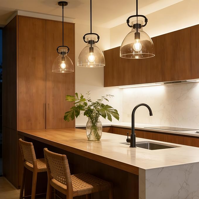 9.8'' Farmhouse Pendant Lights Kitchen Island, 1-Light Glass Modern Black Kitchen Island Lights, Pendant Light Fixtures for Dining Room Bedroom Over Table, E26