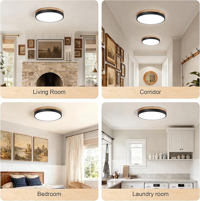 15.8 inch Wood LED Flush Mount Ceiling Light Fixture,42W 4200LM,3000K/3500K/4000K/5000K/6000K CCT Selectable,Close to Ceiling Dimmable Round Flat Panel Light for Bedroom,Hallway,Kitchen,Black