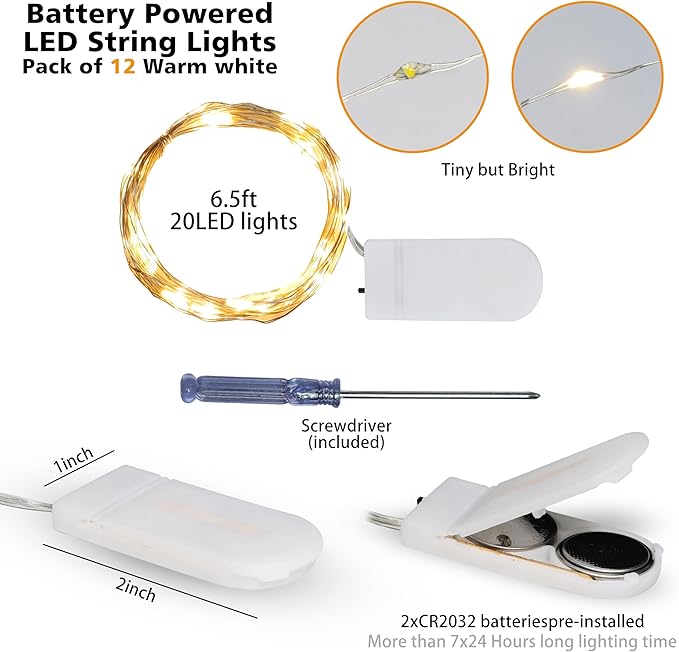 12 Pack Fairy Lights Battery Operated String Lights - 7ft 20 LED Waterproof Silver Wire Firefly Lights for DIY Wedding Décor Table Centerpieces Craft Mason Jars Party Decor(Warm White)
