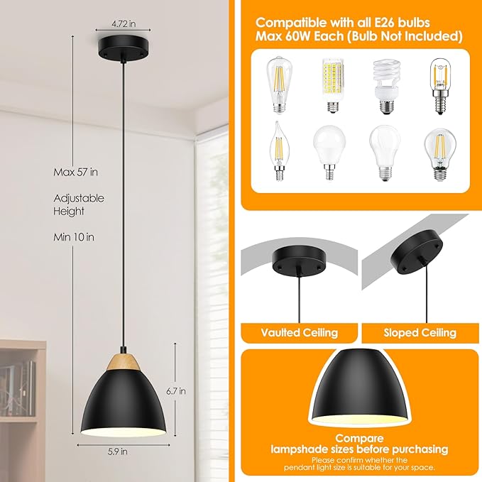 Black Pendant Lights for Kitchen Island, 5.9" Cone Metal Shade Adjustable Height Small Hanging Lamps for Dining Room Light Fixtures Over Table Modern Ceiling Fixture