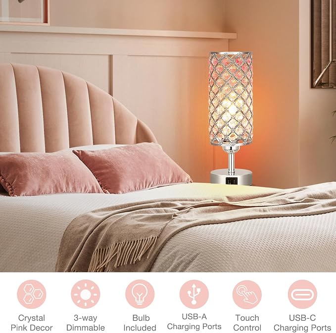 Hong-in Crystal Table Lamp, Pink Touch Lamp with USB C+A Ports, 3 Way Dimmable Bedroom Light with Crystal Shade, Bedside Nightstand Small Lamp for Girl Bedroom, Living Room(Buld Included)