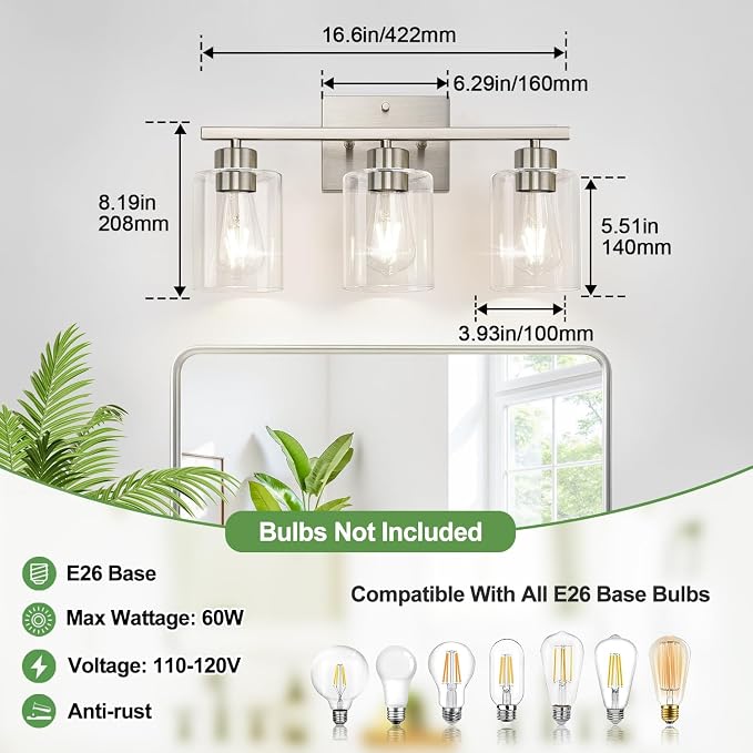 3-Light Bathroom Light Fixtures, Brushed Nickel Vanity Lights, Bathroom Lighting with Clear Glass Shade, Vanity Lighting fixtures for Mirror Kitchen Bedroom Hallway Living Room