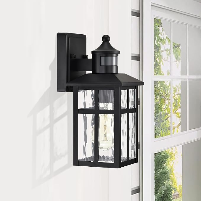 Motion Sensor Porch Lights Outdoor, Dusk to Dawn Outdoor Lighting Wall Sconces with Water Glass, Matte Black Wall Mounted Lantern Light Wet Rated Exterior Lighting Fixtures for House 2-Pack