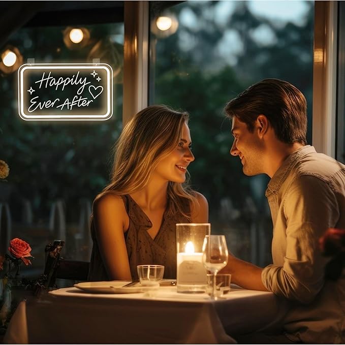 Happily Ever After LED Neon Sign Warm White Wedding LED Wall Light Letter Neon Lights Sign for Wall Decor USB Light Up Sign Neon for Home Bedroom Bar Pub Decor Valentine's Day Girls Gift Club Party