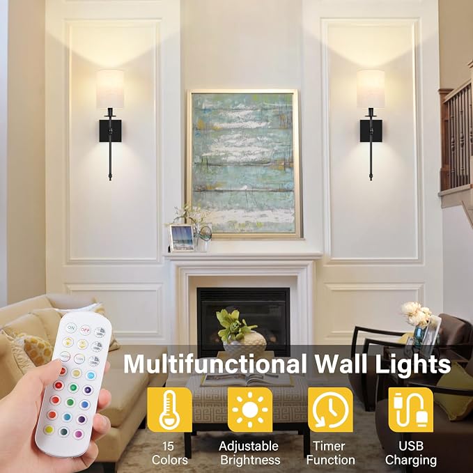 19 inch Battery Operated Wall Sconces Set of 2 with Remote, Rechargeable Wireless Wall Lights with Beige Fabric Shade, Indoor Not Hardwired Dimmable for Bedroom Living Room Decor