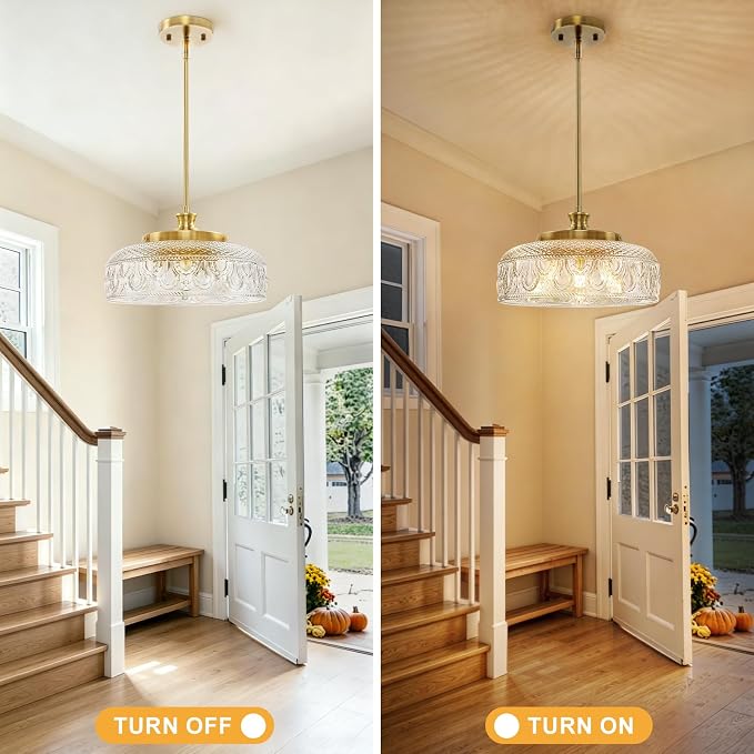 Lamomo 3-Light Adjustable Pendant Lights Kitchen Island, 12in Brushed Gold | Modern Clear Glass Ceiling Mount Hanging Lighting Fixture, Vintage Brass Drop Lights for Bathroom Hallway Bedroom Dining Room
