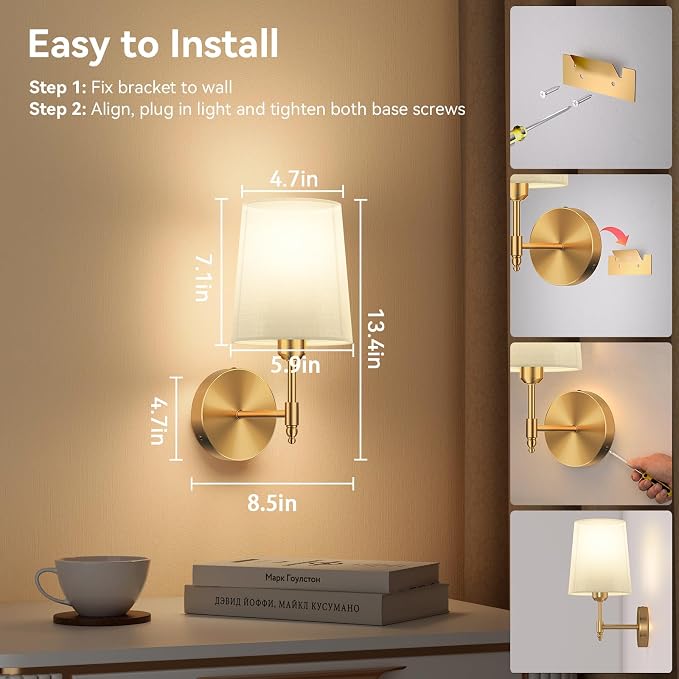 Battery Operated Wall Sconces Set of 2, Wireless Rechargeable Dimmable Wall Light with 15000mAh RGB Bulb and Remote for Bedroom, Living Room, Hallway, Gold, 13.4in | Wireless Rechargeable 3 Color Temperature Dimmable Magnetic Bulb Wall Light for Bedroo...
