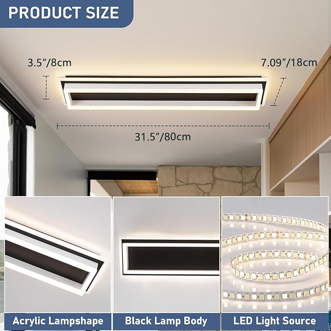 Dimmable Led Ceiling Light with Remote Control 31.5in Modern Linear Flush Mount Ceiling Lighting Fixture Acrylic Long Ceiling Lamp for Living Room Kitchen Dining Room Hallway (Black&White)