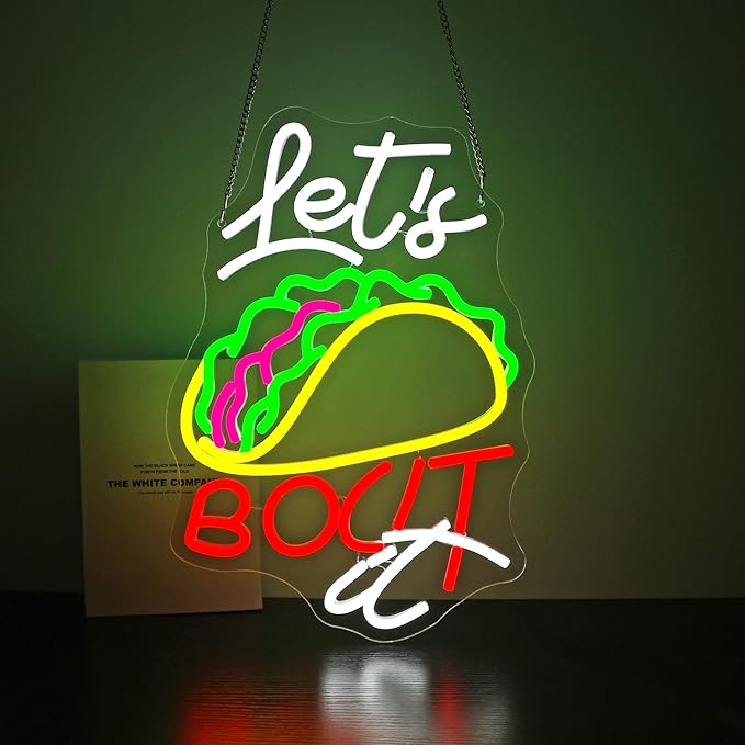 Neon Sign, HSJNJKFU Let's Bocit It, Tacos Food Neon Signs for Wall Decor Light Sign for Kitchen, Shop, Restaurant, Cafe, Bar LED Signs for Man Cave Room Decor - USB Powered