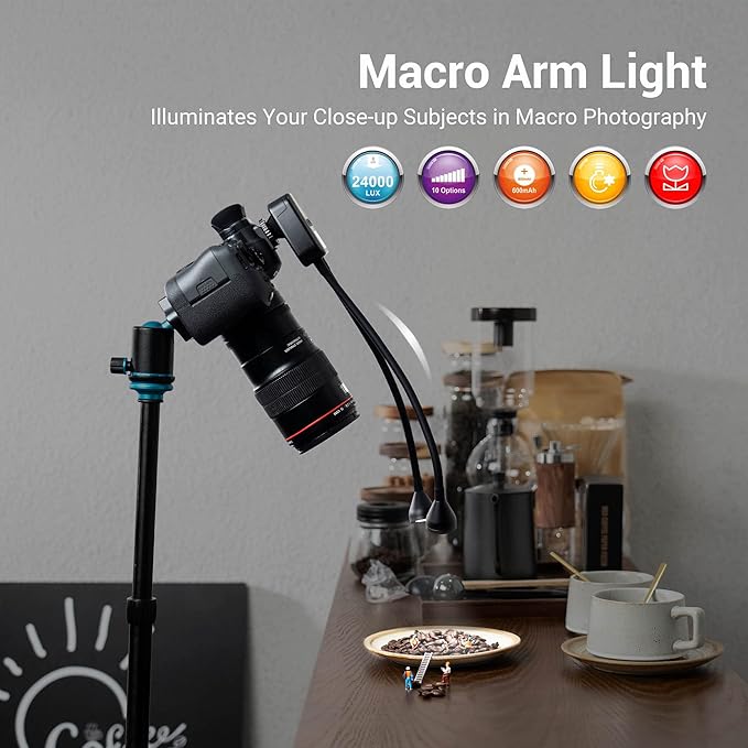 LED Macro Arm Light with 10 Level Ajustable Brightness,CRI 95+ 5600K Macro Photography Lighting Support Type-C Charge for DSLR Mirrorless Camera for Insect Plant Jewelry Close-up Shooting