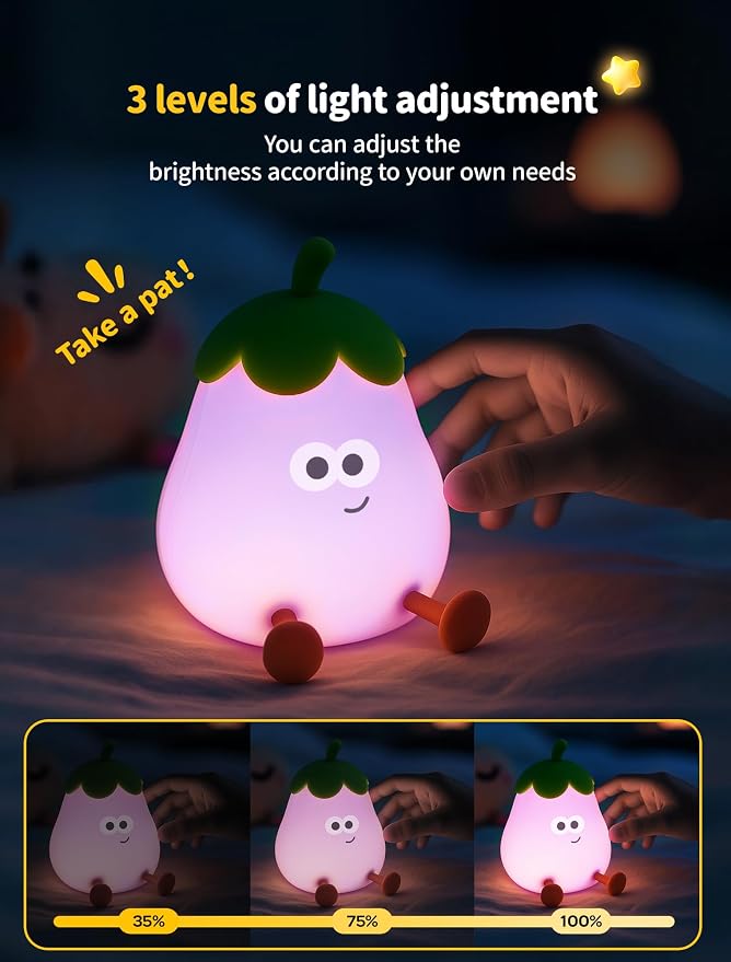 Eggplant Night Light for Kids, Cute Squishy Silicone Lamp, Rechargeable LED Nightlight, 3-Level Dimmable Bedside Lamp for Bedroom Kids Room Decor, Boys and Girls Gifts