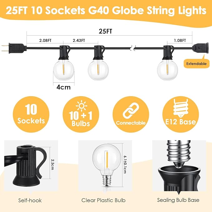 4 Pack 25FT G40 LED Outdoor String Lights with 10+1 Bulbs, Black | Waterproof, Shatterproof, Dimmable, Connectable, Energy-saving, Patio Lights Porch Balcony Backyard Party Classroom Decor