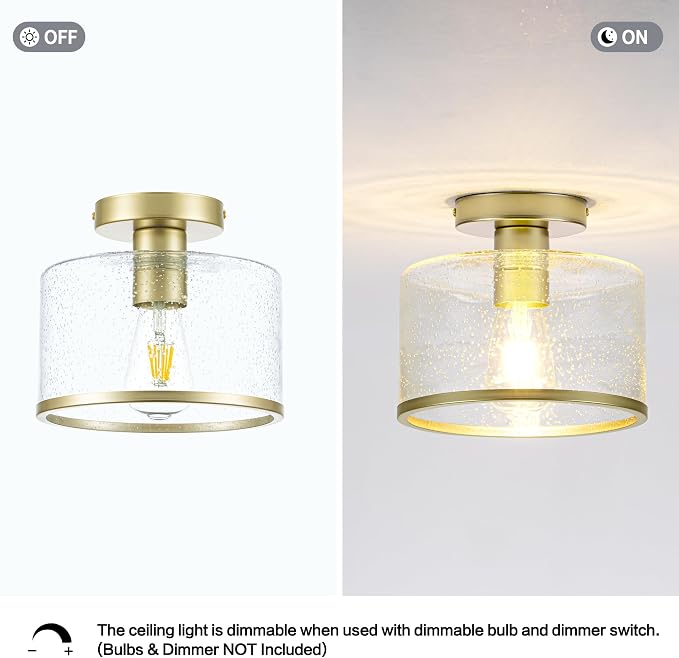 Zlepmlla Modern Flush Mount Ceiling Light, Seeded Glass Ceiling Light Fixture, Gold Light Fixture for Hallway, Bedroom, Entryway, Kitchen，Living Room