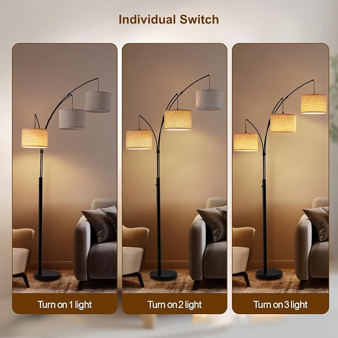 3 Light Arc Floor Lamp with Remote, Beige Shade Black Pole | 80" Dimmable Floor Lamp, 2400LM Super Bright, Independently Controlled 9W LED Energy-Saving Light Bulb, Memory Function