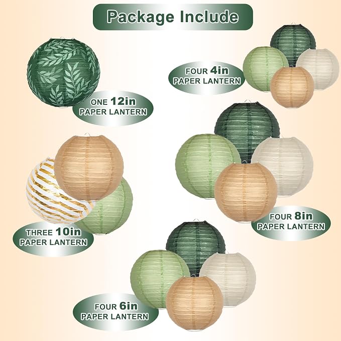 16-Pack Chinese Paper Lanterns, Sage Green Brown Party Decorations | 4/6/8/10/12-Inch Hanging Lanterns with Olive Leaf and Foil Stripes for Jungle Themes, Birthdays, Weddings and Baby Showers
