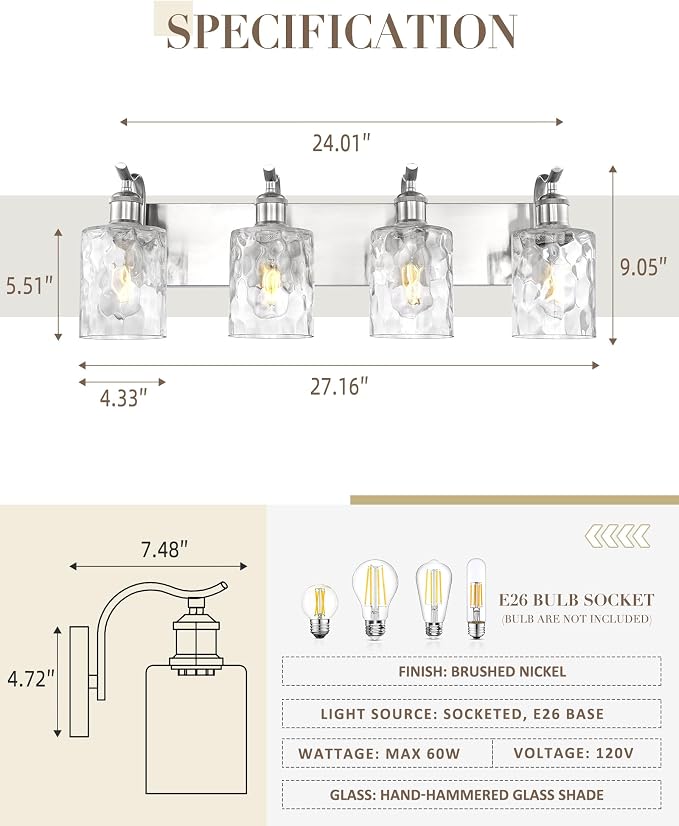 4-Light 27 Inch Bathroom Vanity Light,Hammered Glass,Nickel | Brushed Nickel,Over Mirror Wall Light,E26 sockets,for bathroom mirror,powder room,dressing area