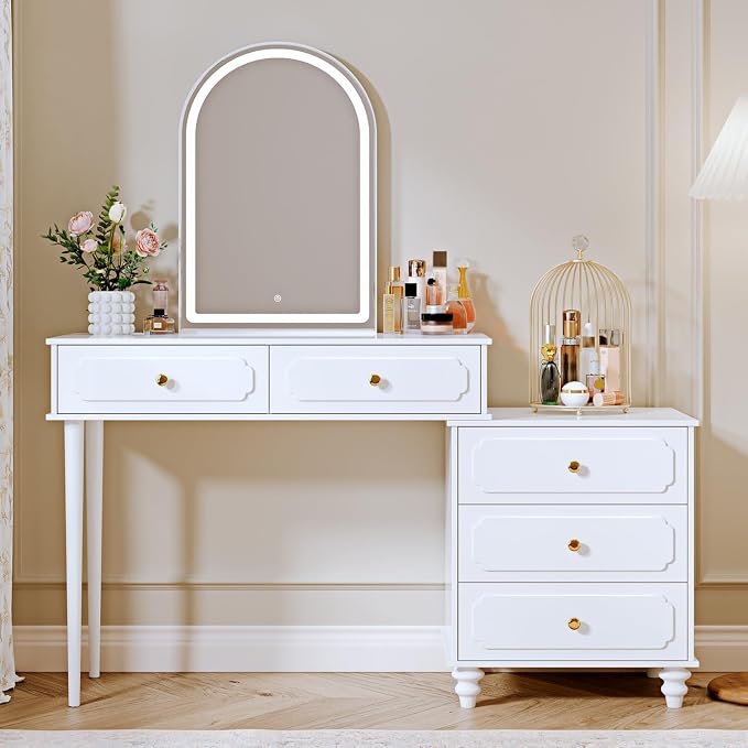 Ieejdn White,Vanity Desk with Mirror and Lights,Makeup Vanity with Power Outlet and Adjustable Cabinet,Modern Makeup Table with 3 Drawers for Bedroom Makeup Room