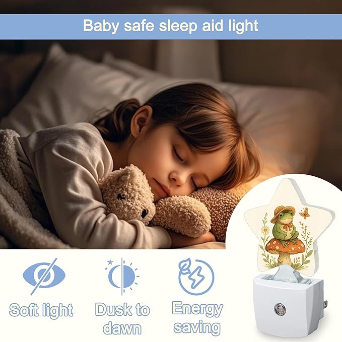 Cute Frog Mushroom Dusk to Dawn Star Night Light,Flowers Smart Sensor Nightlight for Bedroom Kitchen Hallway Stairs,Plug-in Energy Efficient Decor Desk Lamp Women Men Gifts