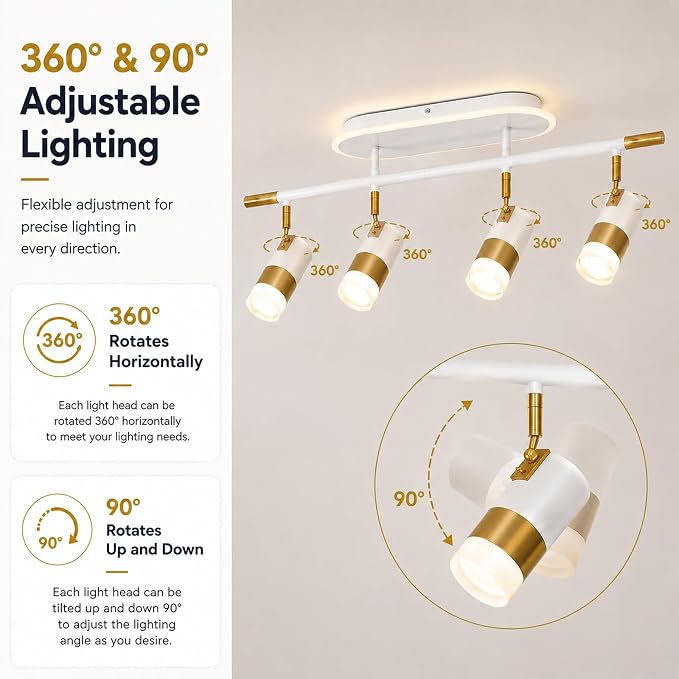 Jaycomey 4-Light LED Track Lighting Fixtures Ceiling, 41W Dimmable Track Light with Remote, 3000K-6500K Adjustable Ceiling Light Spotlights, 35 in White Gold Light Fixture for Kitchen Bedroom