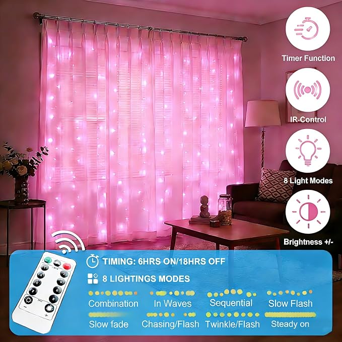300 LED Fairy Curtain Lights, 9.8 x 9.8FT Pink USB Plug in 8 Modes Hanging Lights with Remote for Christmas, Bedroom, Indoor, Outdoor, Weddings, Party (Pink)