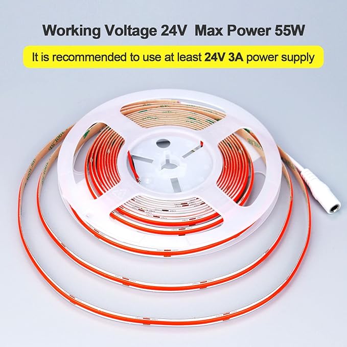 24V COB LED Strip Light Red 5M/16.4ft 2400LEDs Uniform Glow Flexible IP20 Not Waterproof LED Tape Lights for DIY Cabinet Bedroom Kitchen Home Decor(No Power Supply)