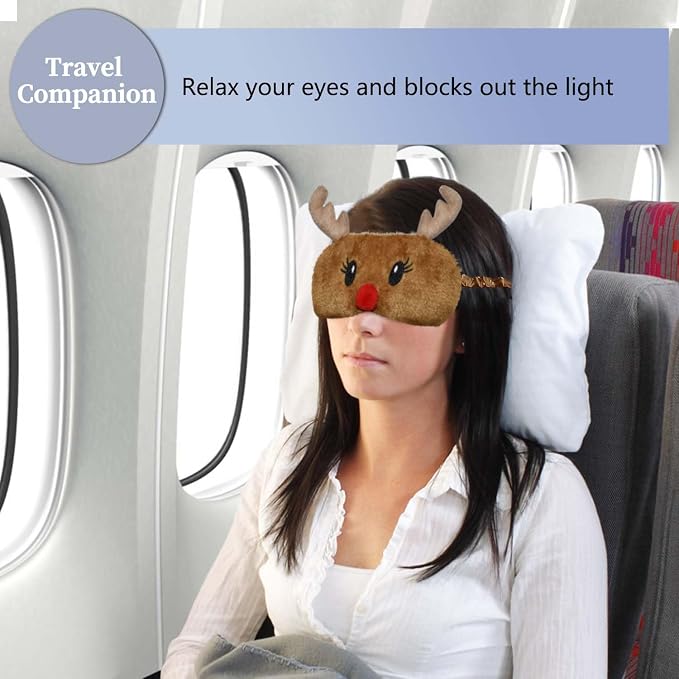 Christmas Reindeer Sleep Mask Cute Antler Eye Masks Sleeping Soft Plush Cartoon Blindfold Funny Animal Eye Cover Xmas Presents for Women Men (Xmas Reindeer,Brown)