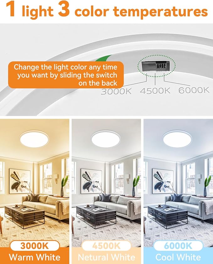 slochi 4PACK LED Flush Mount Ceiling Light Fixture, 12Inch 28W LED Light, Dimmable & 3000K/4500K/6000K 3 Color Adjustable Round Light 3200LM Low Profile Ceiling Light Fixtures for Kitchen Bedroom