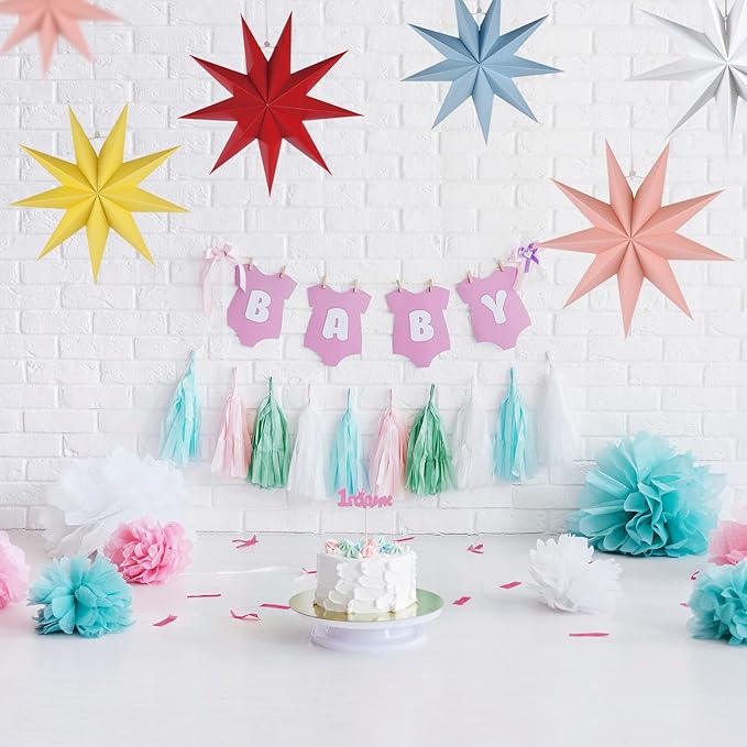 5Pack 9-Pointed Paper Star Lantern 11.8 inch Hanging Paper Lampshade for Winter Wonderland Xmas Day Decoration Wedding Birthday Party Home Decor (Multi-Colored)