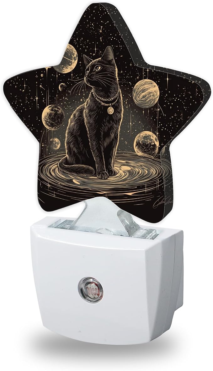 Black Cat Night Lights Plug Into Wall Decorative,Astrology Planet Sleep Friendly Lamp, Energy Efficient Dusk-to-Dawn Sensor Nightlights for Kid Bedroom Nursery Bathroom