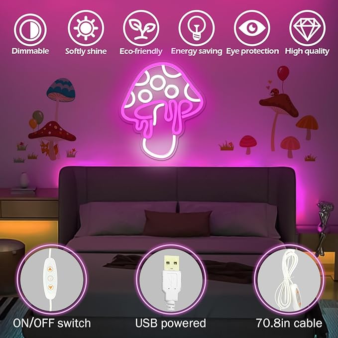 Mushroom Neon Sign Dimmable Led Neon Light Cute Neon Mushroom Sign Night Light 3d Wall Art Mushroom Neon Signs For Wall Decor Game Room Bedroom Decor Holiday Gift For Children Kids Girl (Pink)