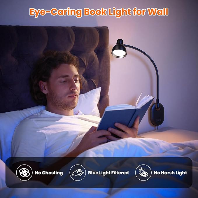 Wall Mounted Reading Light, LED Wall Bedside Lamp with Adapter Black | 5 Color 10 Brightness,Plug-in Adhesive Wall Reading Lights for Books in Bed, Auto-Off Timer Wall Lights for Bedroom Headboard
