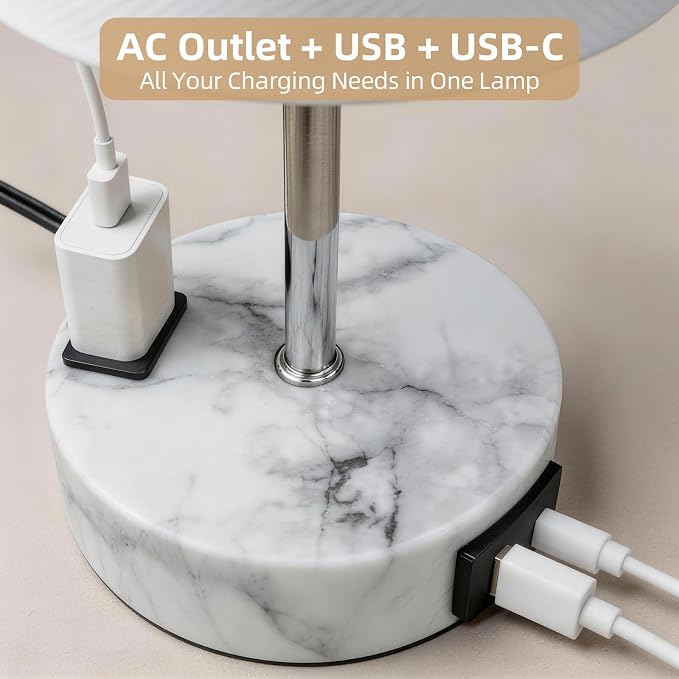 Table Lamp for Nightstand, High-Sensitivity Touch, 3-Level Dimmable Bedside Lamp with AC Outlet | USB | and USB-C, Ideal Night Stand Lamp for Bedroom (1, White&Marble)